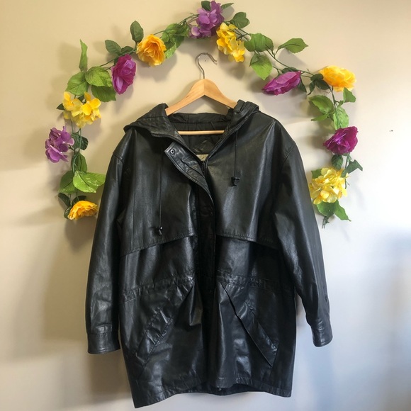 Vintage Jackets & Blazers - Vintage Black Leather Coat / Jacket Size 16-18
